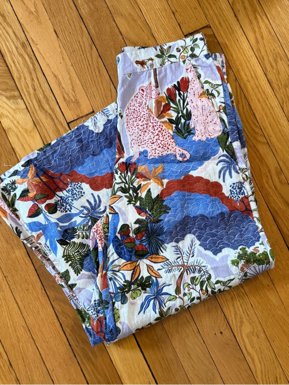 Floral & Leopard Print Wide Leg Cropped Linen Pants